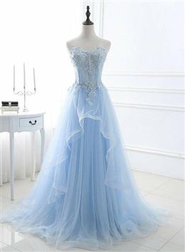 Picture of Light Blue Sweetheart Sheer Corset Evening Dresses, Long Tulle Formal Dresses